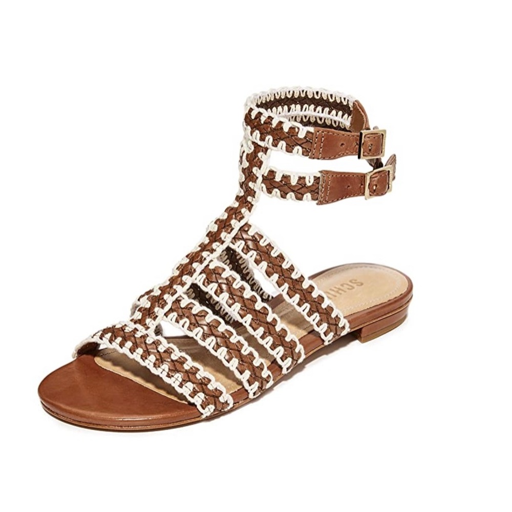 Schutz Lorena Flat Sandal. Brown and white leather. Size 8.5.